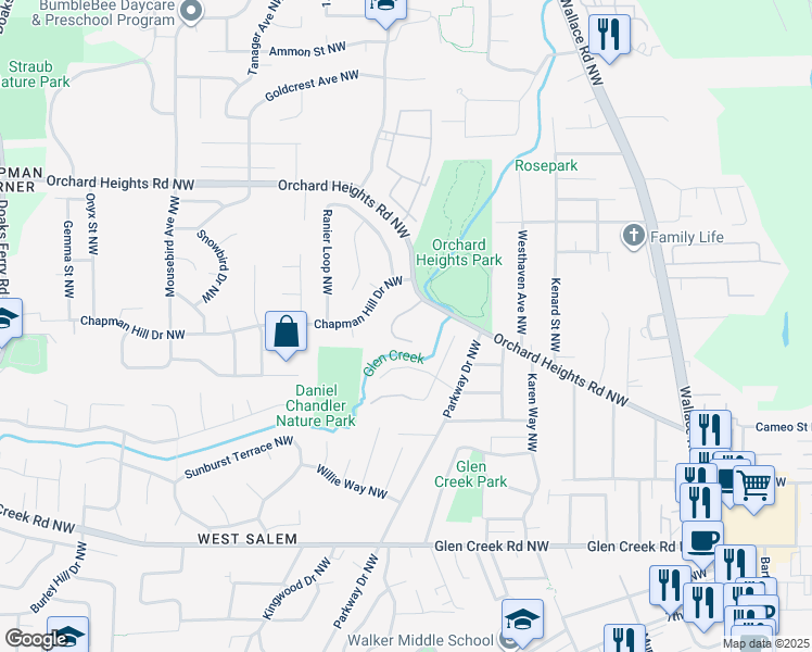 map of restaurants, bars, coffee shops, grocery stores, and more near 1360 Chapman Hill Drive Northwest in Salem