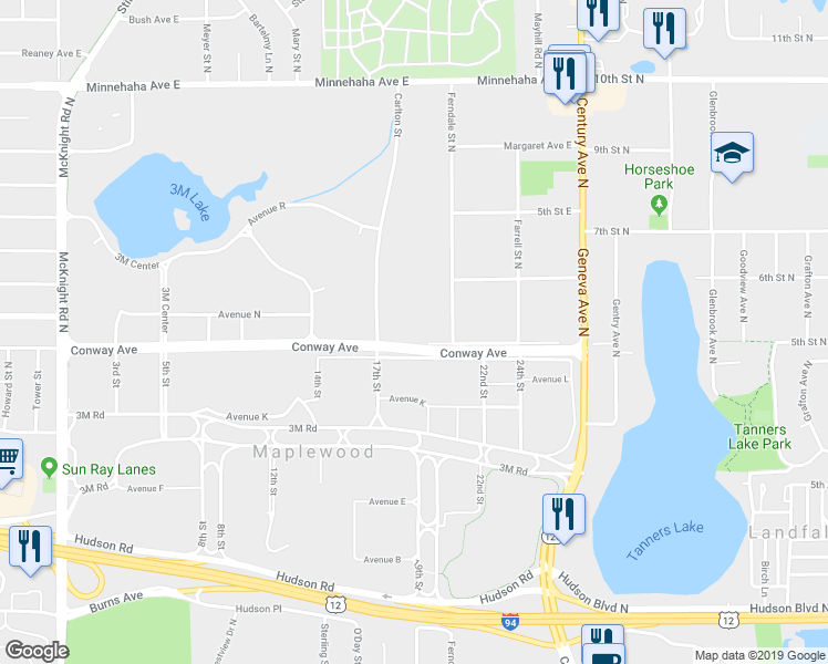 map of restaurants, bars, coffee shops, grocery stores, and more near 2585 Conway Avenue East in Maplewood