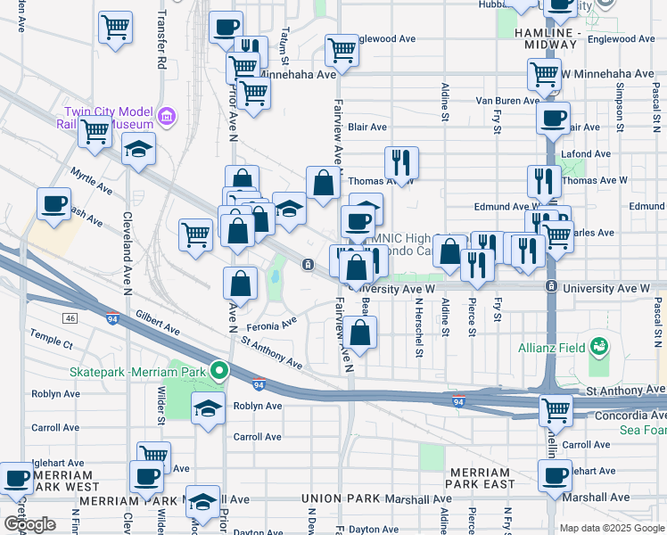 map of restaurants, bars, coffee shops, grocery stores, and more near 496 Fairview Avenue North in Saint Paul