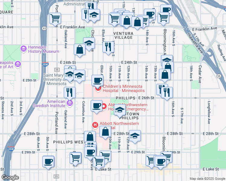 map of restaurants, bars, coffee shops, grocery stores, and more near 2519 10th Avenue South in Minneapolis