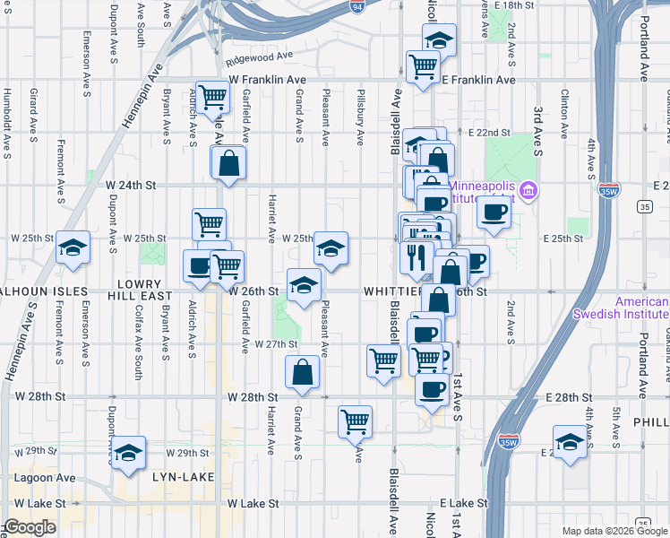 map of restaurants, bars, coffee shops, grocery stores, and more near 2520 Pillsbury Avenue in Minneapolis
