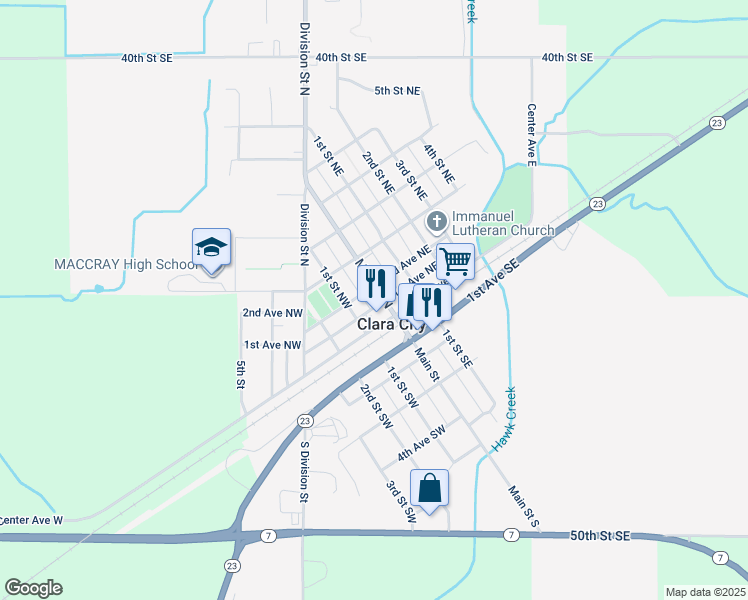 map of restaurants, bars, coffee shops, grocery stores, and more near 18 2nd Avenue Northwest in Clara City
