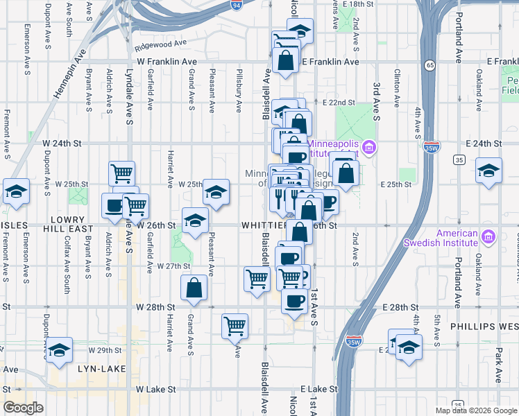 map of restaurants, bars, coffee shops, grocery stores, and more near 2530 Blaisdell Avenue in Minneapolis