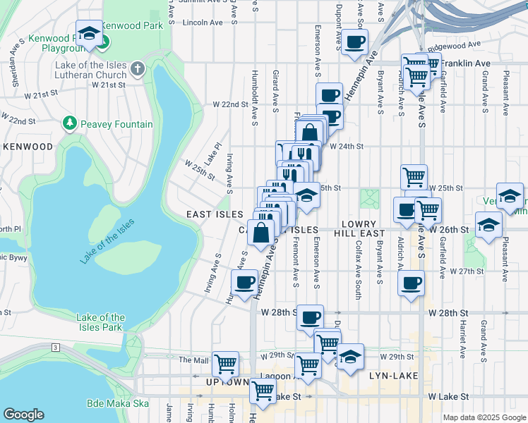 map of restaurants, bars, coffee shops, grocery stores, and more near 1327 25th 1/2 Street West in Minneapolis