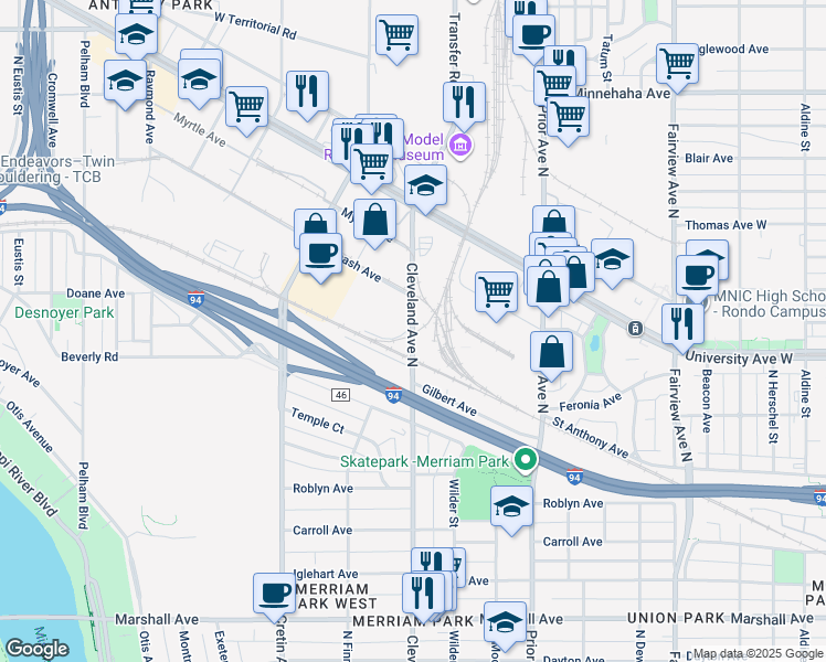 map of restaurants, bars, coffee shops, grocery stores, and more near 515 Cleveland Ave N in St Paul