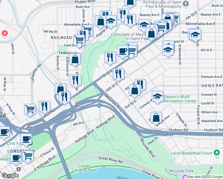 map of restaurants, bars, coffee shops, grocery stores, and more near 644 6th Street East in Saint Paul