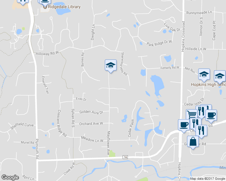map of restaurants, bars, coffee shops, grocery stores, and more near 2515 Mayflower Avenue in Hopkins