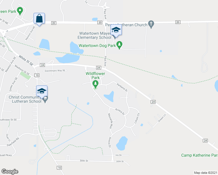 map of restaurants, bars, coffee shops, grocery stores, and more near 221 Bluestem Court in Watertown