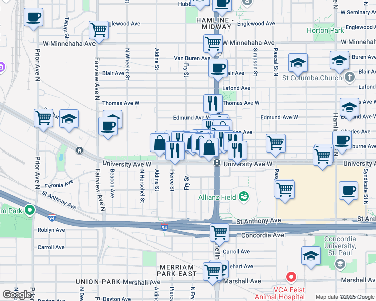 map of restaurants, bars, coffee shops, grocery stores, and more near 508 North Fry Street in Saint Paul