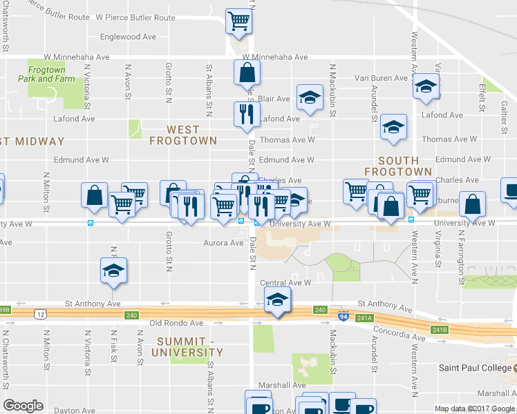 map of restaurants, bars, coffee shops, grocery stores, and more near 612 Sherburne Avenue in Saint Paul