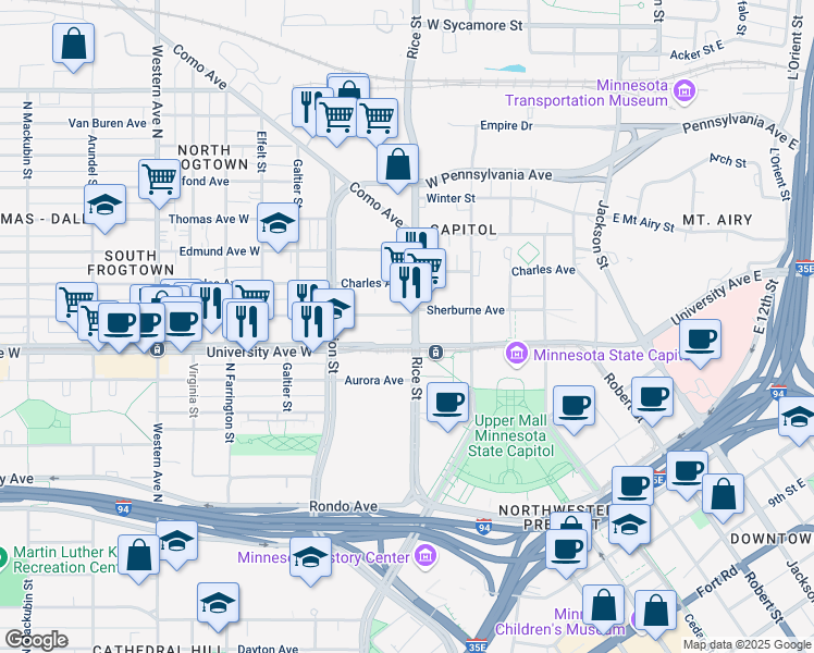 map of restaurants, bars, coffee shops, grocery stores, and more near 505 County Road 49 in Saint Paul