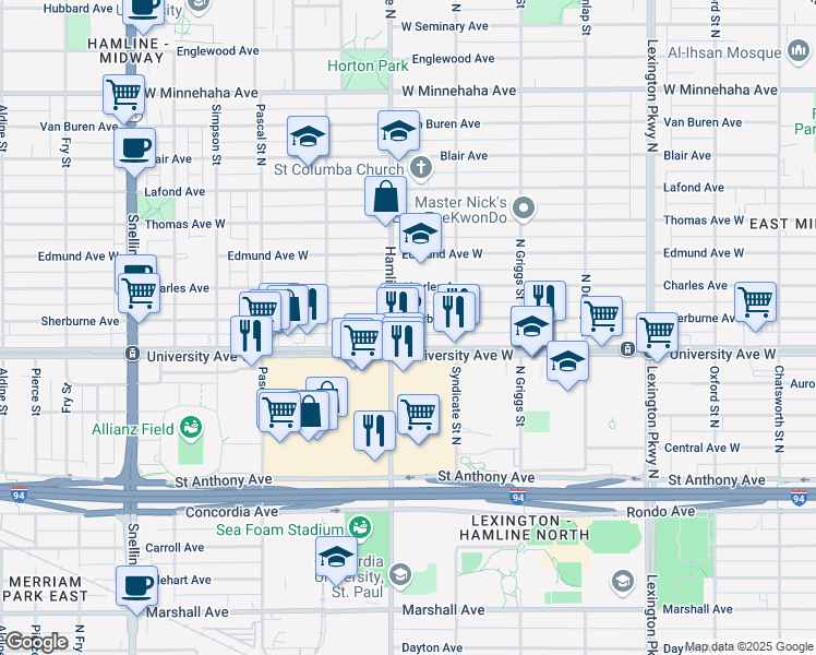 map of restaurants, bars, coffee shops, grocery stores, and more near 1309 University Avenue West in Saint Paul
