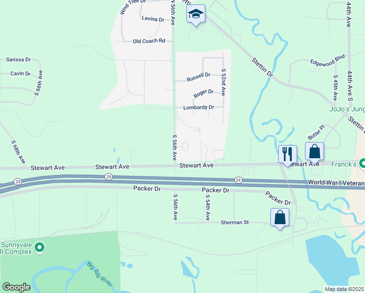 map of restaurants, bars, coffee shops, grocery stores, and more near 619 Woodfield Circle in Wausau