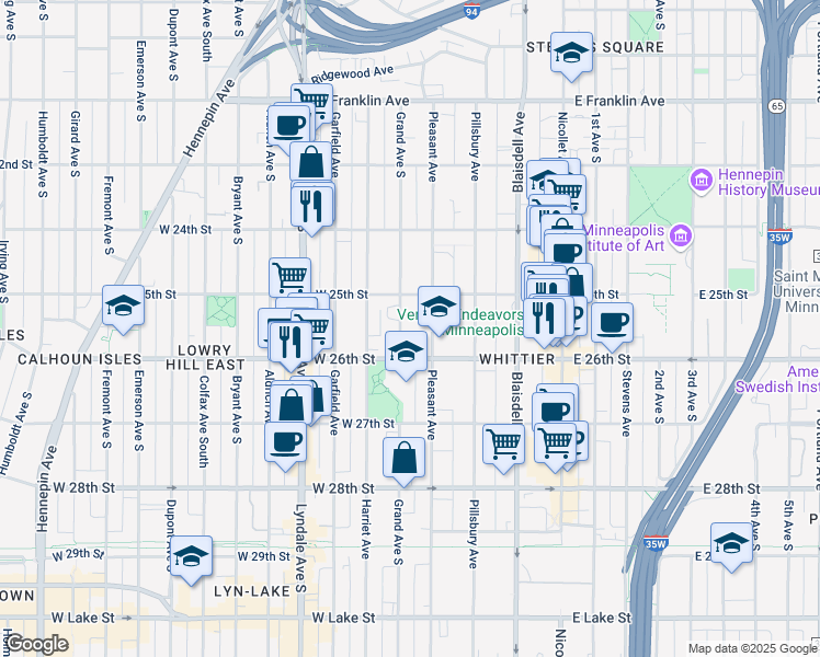 map of restaurants, bars, coffee shops, grocery stores, and more near 2524 Pleasant Avenue in Minneapolis