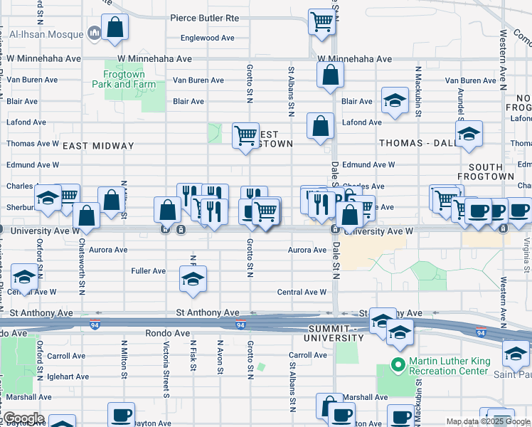 map of restaurants, bars, coffee shops, grocery stores, and more near 718 Sherburne Avenue in Saint Paul