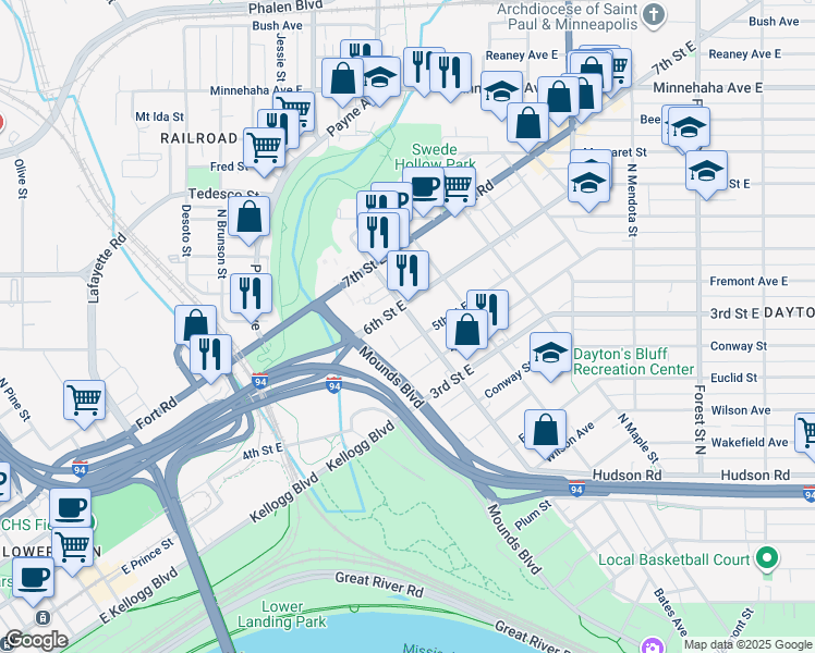 map of restaurants, bars, coffee shops, grocery stores, and more near 358 Maria Avenue in Saint Paul