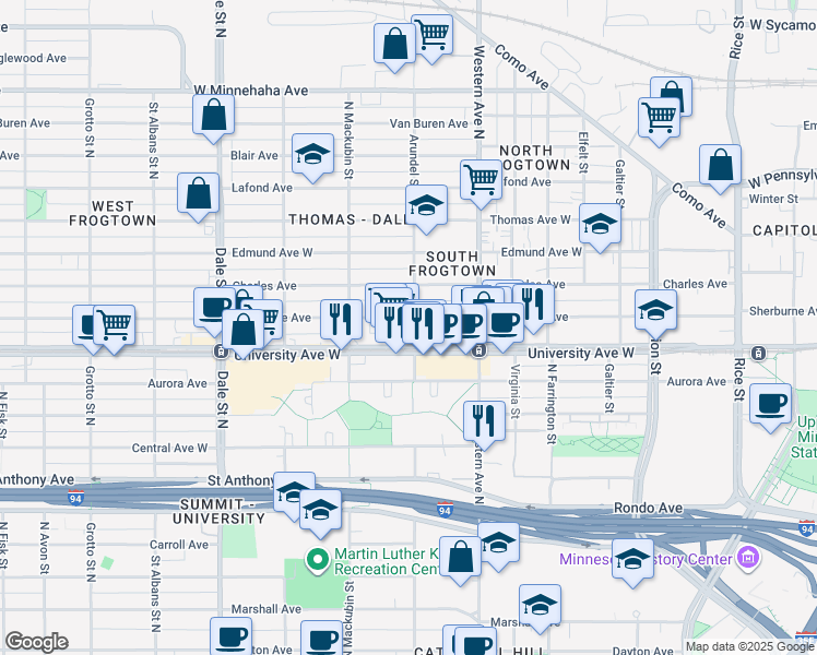map of restaurants, bars, coffee shops, grocery stores, and more near 432 Sherburne Avenue in Saint Paul