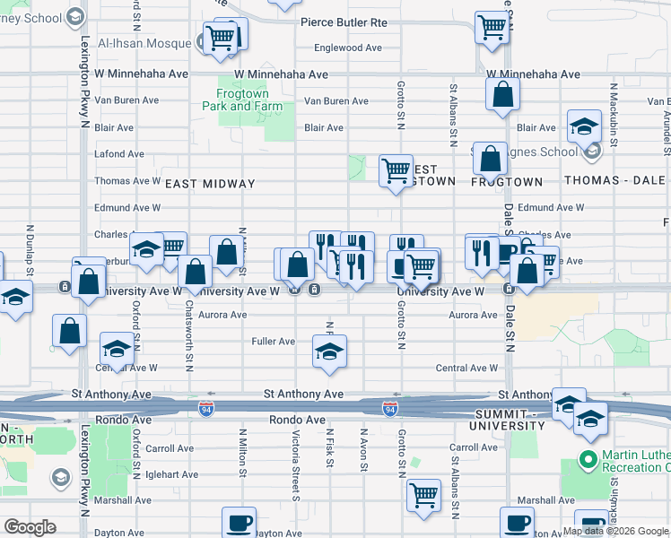 map of restaurants, bars, coffee shops, grocery stores, and more near 822 Sherburne Avenue in Saint Paul