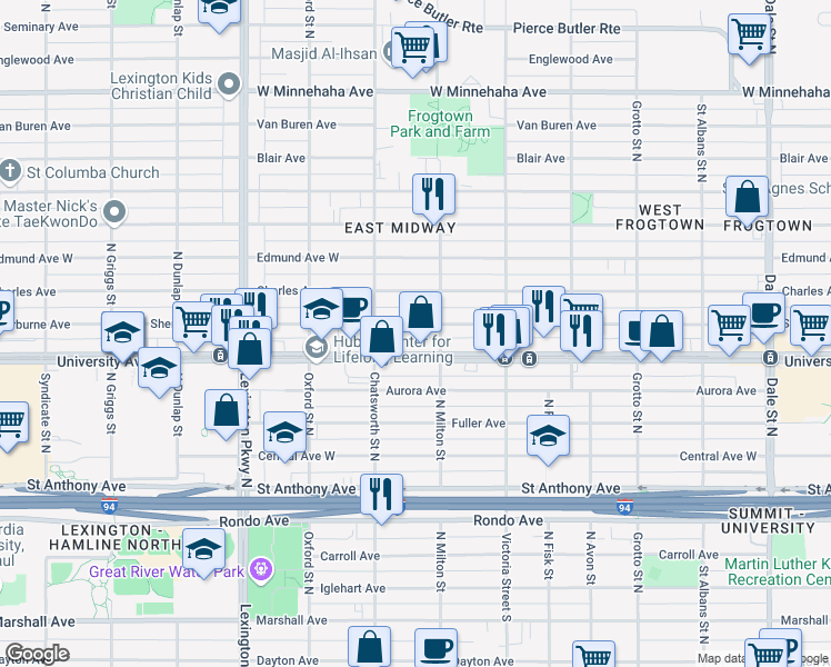 map of restaurants, bars, coffee shops, grocery stores, and more near 932 Sherburne Avenue in Saint Paul