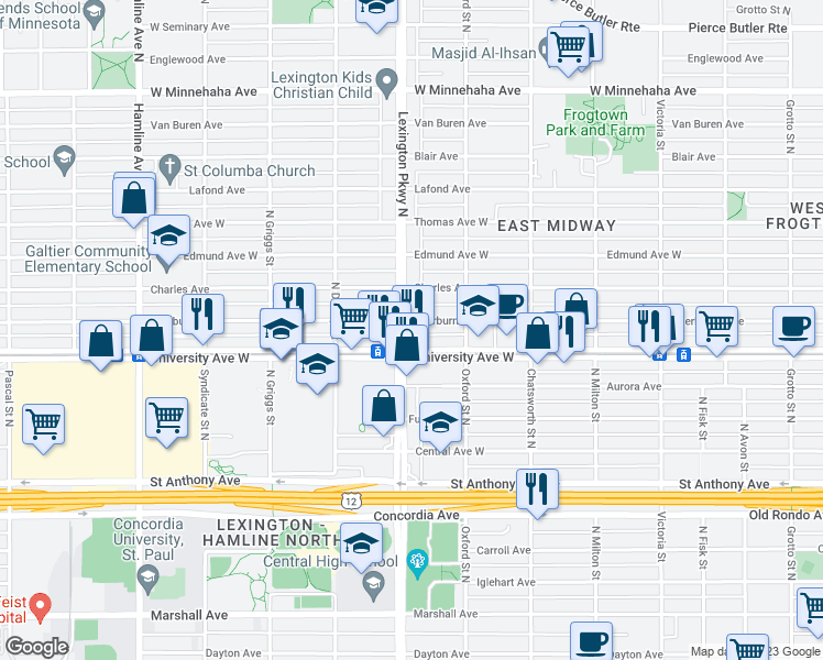 map of restaurants, bars, coffee shops, grocery stores, and more near 1074 Sherburne Avenue in Saint Paul