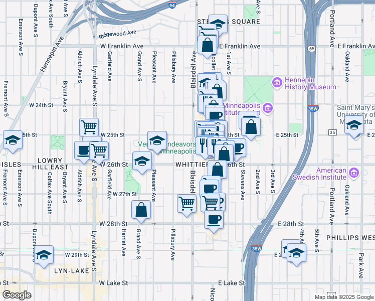 map of restaurants, bars, coffee shops, grocery stores, and more near 2521 Pillsbury Avenue in Minneapolis