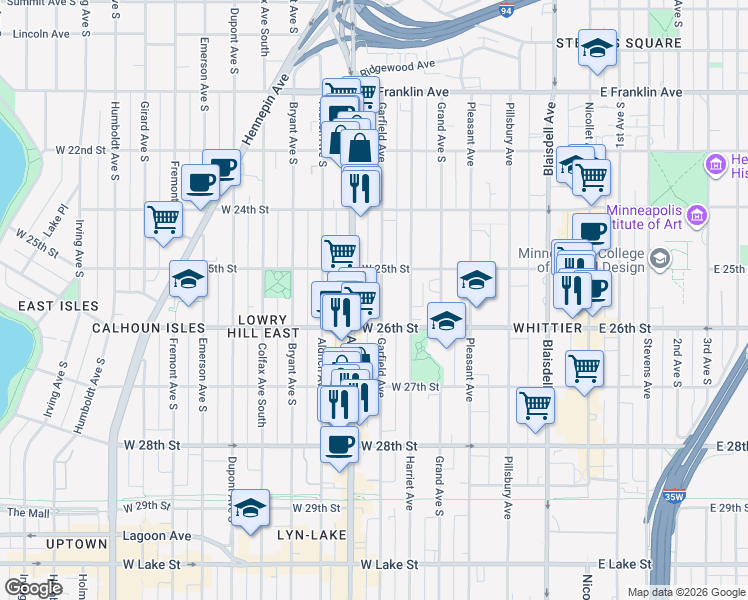 map of restaurants, bars, coffee shops, grocery stores, and more near 2521 Garfield Avenue in Minneapolis