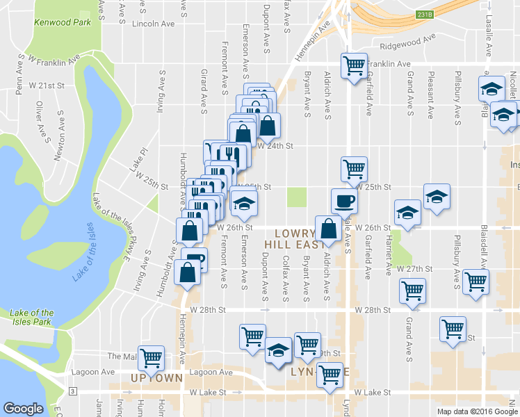 map of restaurants, bars, coffee shops, grocery stores, and more near 2525 Emerson Avenue South in Minneapolis