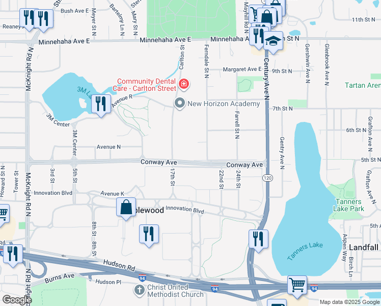 map of restaurants, bars, coffee shops, grocery stores, and more near 2585 Conway Avenue East in Maplewood