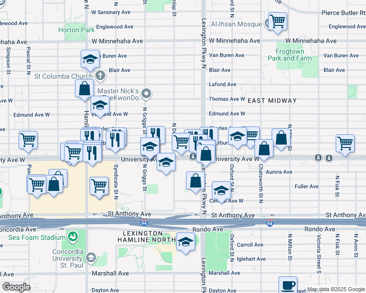 map of restaurants, bars, coffee shops, grocery stores, and more near 1146 Sherburne Avenue in Saint Paul