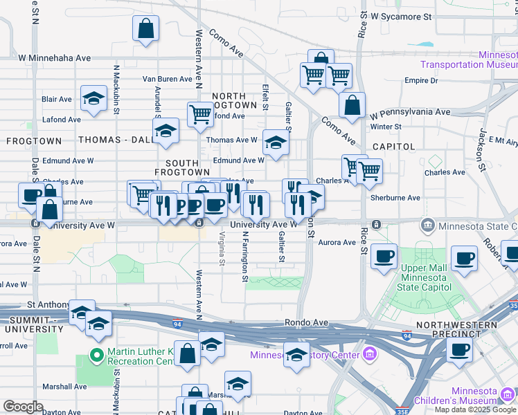 map of restaurants, bars, coffee shops, grocery stores, and more near 294 Sherburne Avenue in Saint Paul