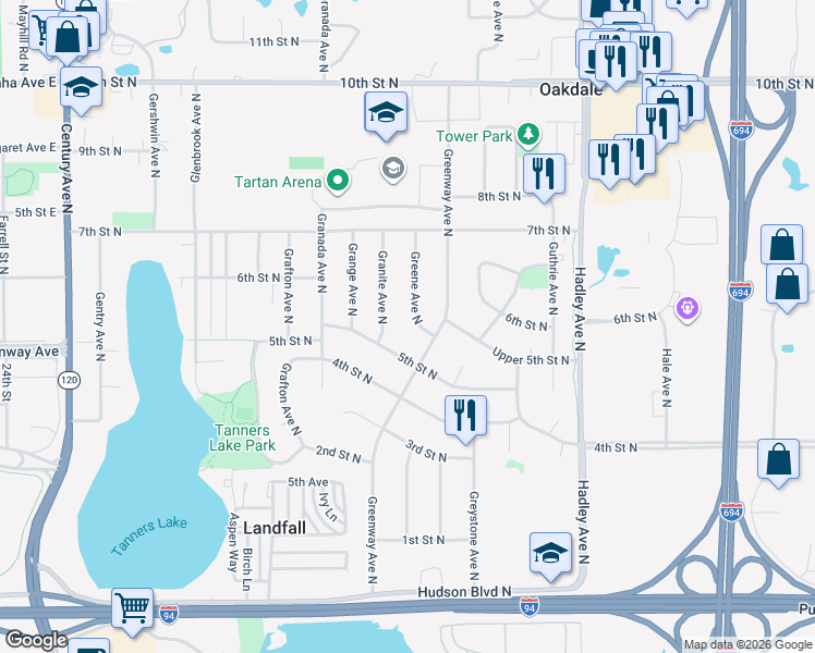 map of restaurants, bars, coffee shops, grocery stores, and more near 540 Greene Avenue North in Oakdale