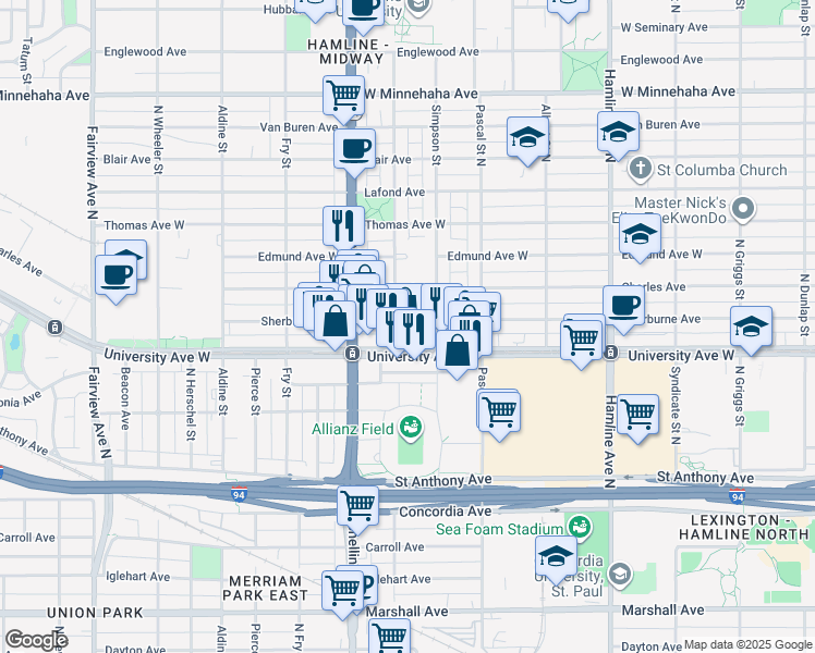 map of restaurants, bars, coffee shops, grocery stores, and more near 1524 Sherburne Avenue in Saint Paul