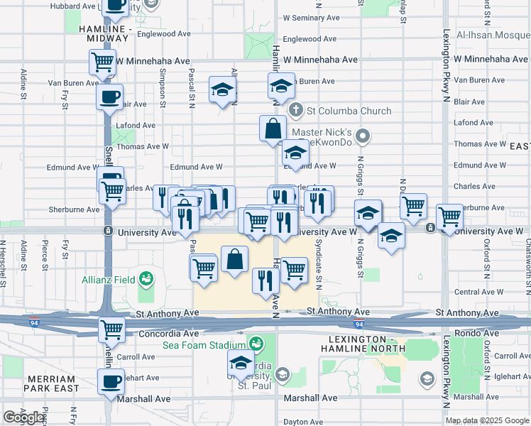 map of restaurants, bars, coffee shops, grocery stores, and more near 1354 Sherburne Avenue in Saint Paul