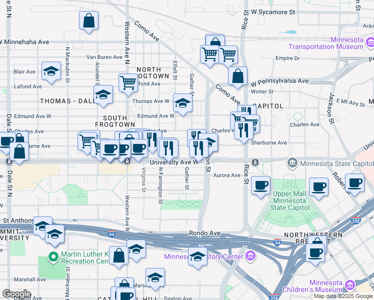 map of restaurants, bars, coffee shops, grocery stores, and more near 256 Sherburne Avenue in Saint Paul