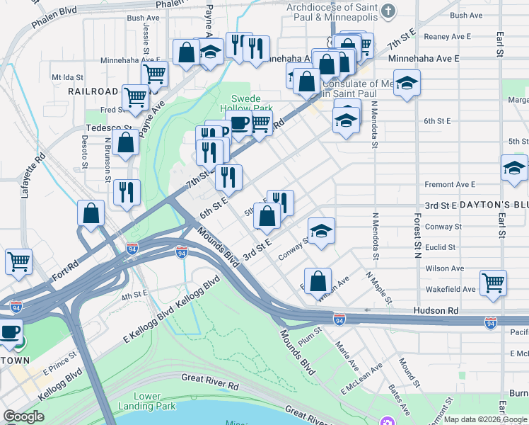 map of restaurants, bars, coffee shops, grocery stores, and more near 696 5th Street East in Saint Paul
