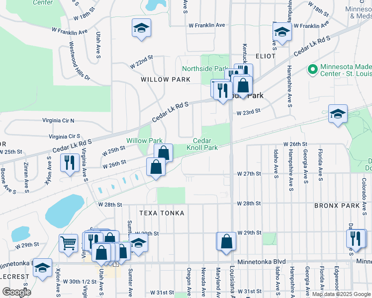 map of restaurants, bars, coffee shops, grocery stores, and more near 2601 Pennsylvania Avenue South in St. Louis Park