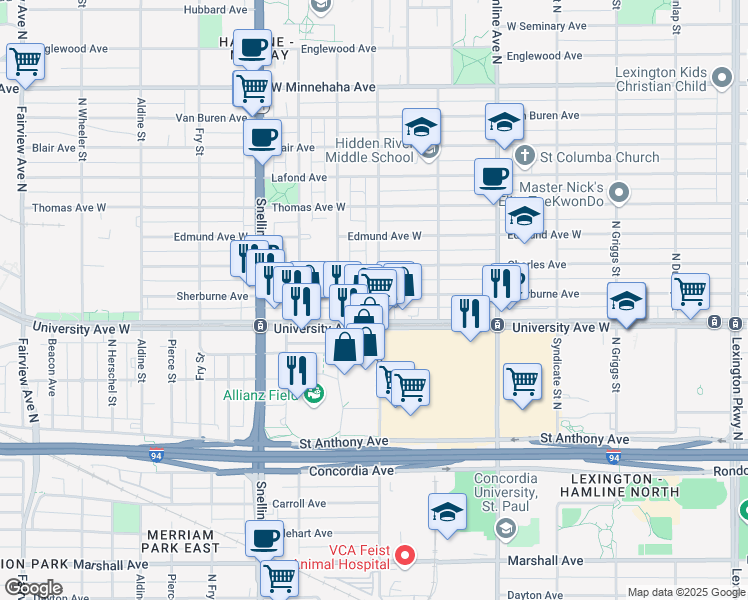 map of restaurants, bars, coffee shops, grocery stores, and more near 1460 Sherburne Avenue in Saint Paul