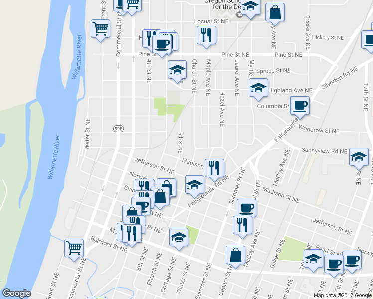 map of restaurants, bars, coffee shops, grocery stores, and more near 1846 5th Street Northeast in Salem
