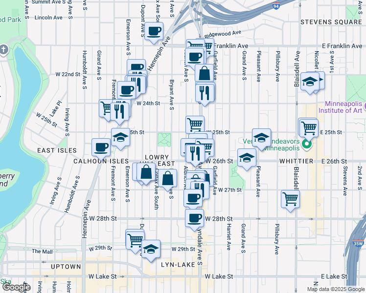 map of restaurants, bars, coffee shops, grocery stores, and more near 2530 Aldrich Avenue South in Minneapolis
