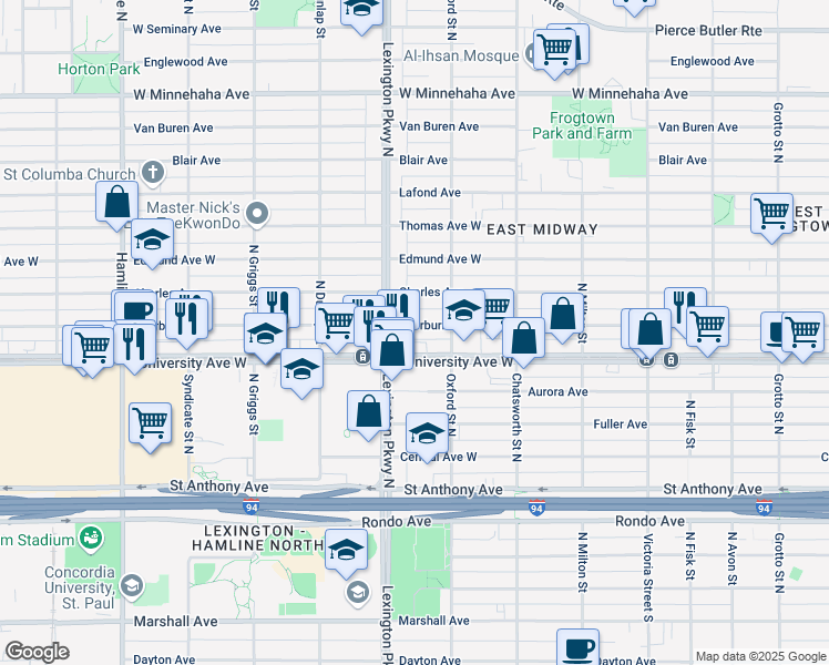 map of restaurants, bars, coffee shops, grocery stores, and more near 1074 Sherburne Avenue in Saint Paul