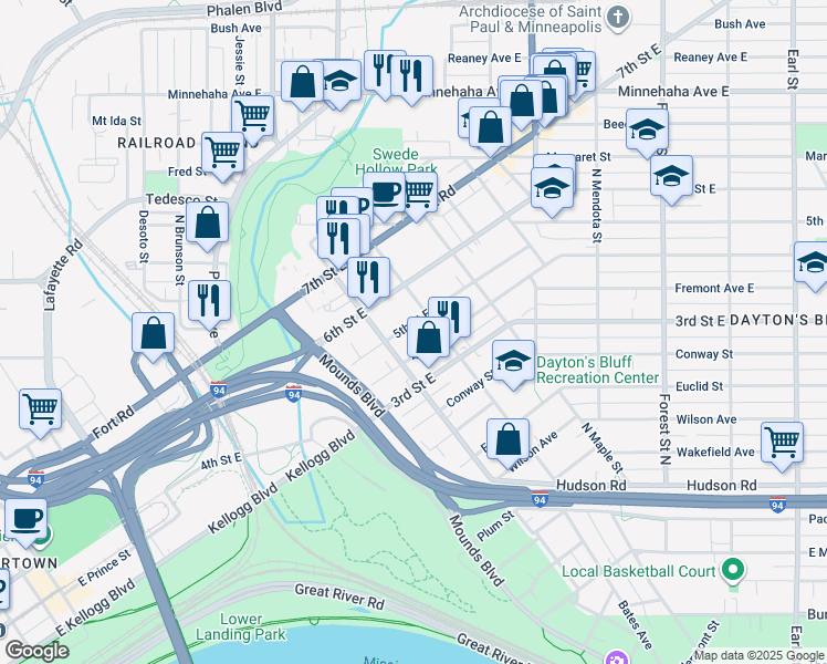 map of restaurants, bars, coffee shops, grocery stores, and more near 696 5th Street East in Saint Paul