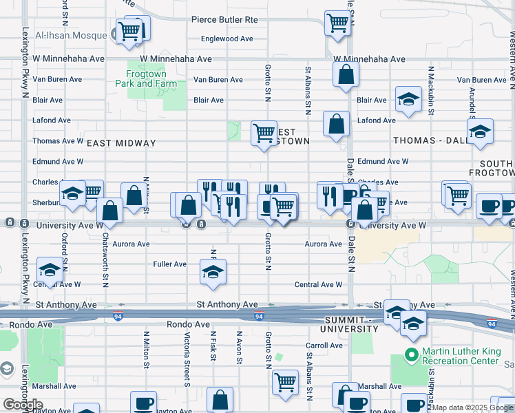 map of restaurants, bars, coffee shops, grocery stores, and more near 754 Sherburne Avenue in Saint Paul