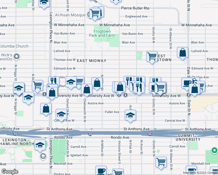 map of restaurants, bars, coffee shops, grocery stores, and more near 896 Sherburne Avenue in Saint Paul