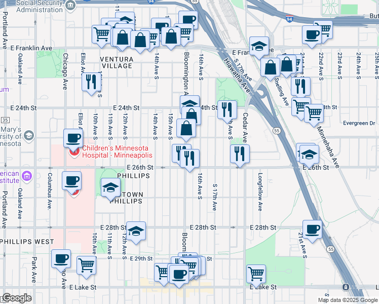 map of restaurants, bars, coffee shops, grocery stores, and more near 2521 Bloomington Avenue in Minneapolis