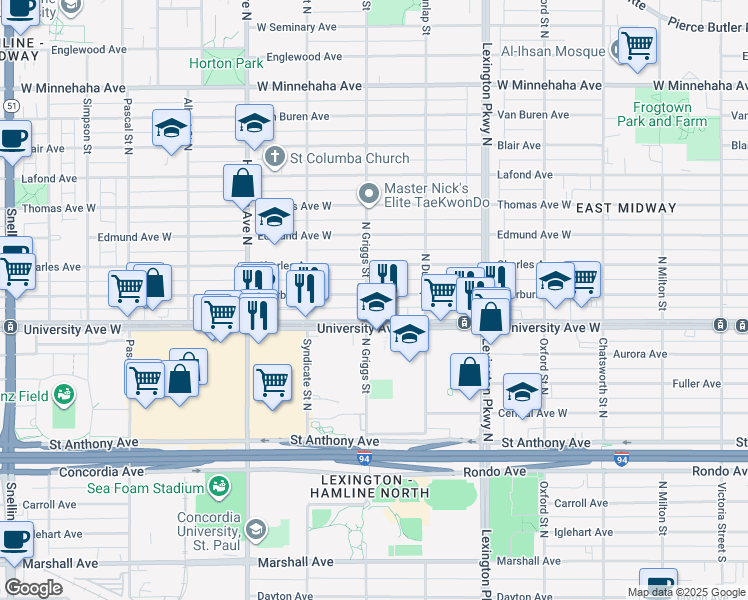 map of restaurants, bars, coffee shops, grocery stores, and more near 1214 Sherburne Avenue in Saint Paul
