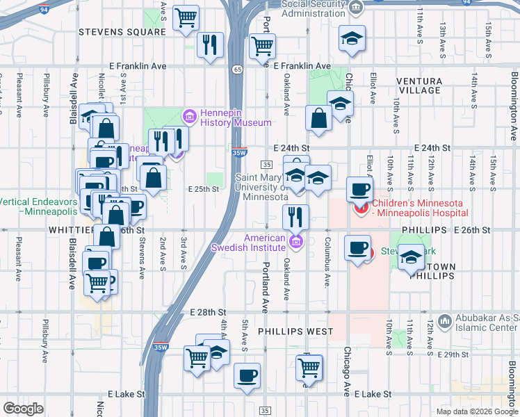 map of restaurants, bars, coffee shops, grocery stores, and more near 2517 South 5th Avenue in Minneapolis
