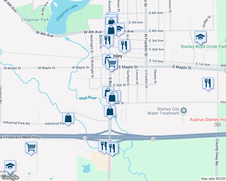 map of restaurants, bars, coffee shops, grocery stores, and more near 311 S Broadway St in Stanley
