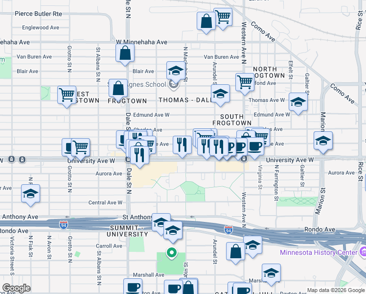 map of restaurants, bars, coffee shops, grocery stores, and more near 500 Sherburne Avenue in Saint Paul