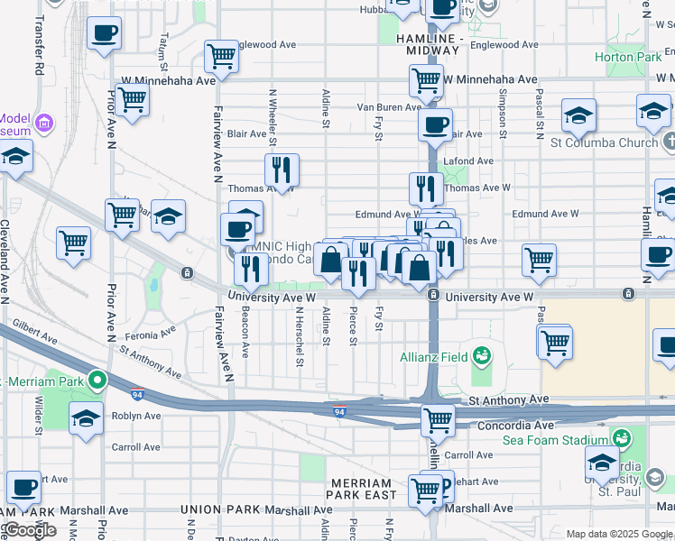 map of restaurants, bars, coffee shops, grocery stores, and more near 1688 Sherburne Ave in St Paul