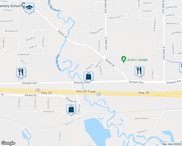 map of restaurants, bars, coffee shops, grocery stores, and more near 651 Butler Place in Wausau